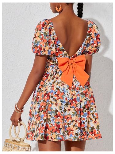 Floerns Girl's Floral Bow Backless Flowy Dress Square Neck Puff Sleeve Short Dresses3