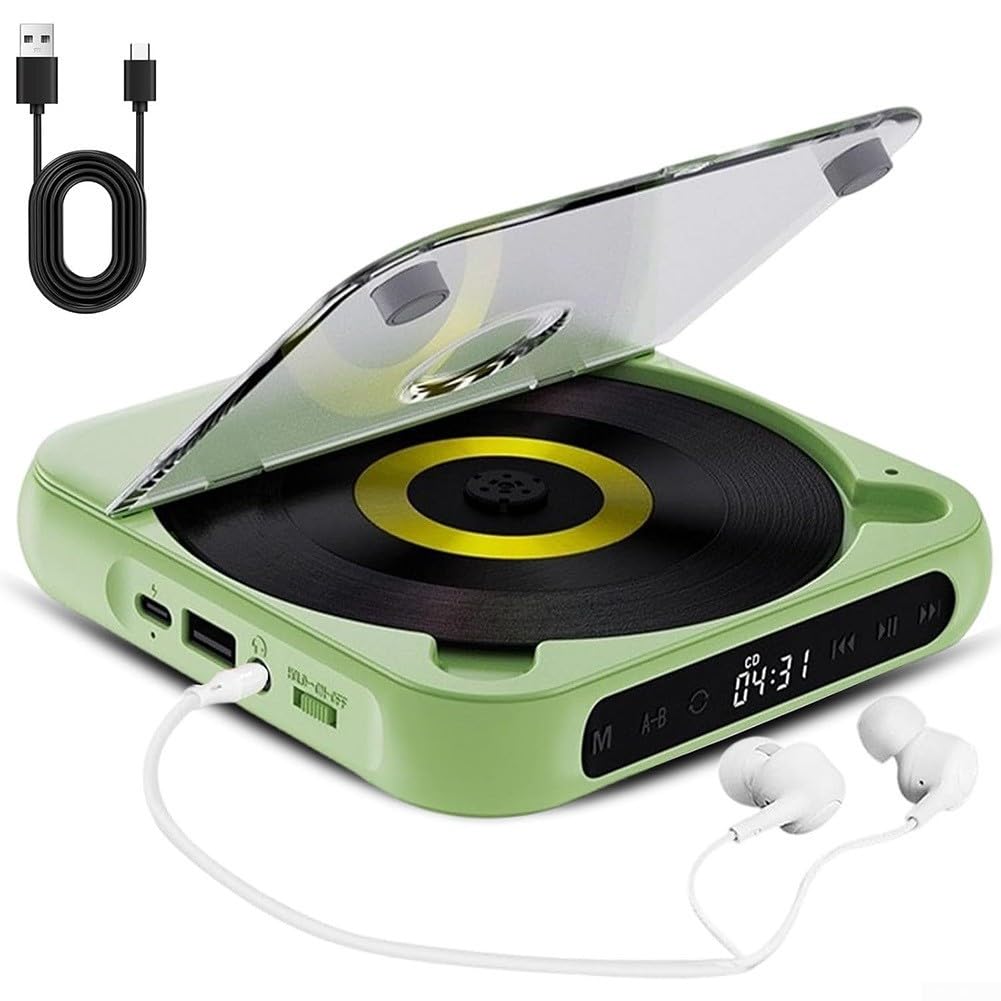 Lettore CD Ricaricabile USB Wireless e Cablato Audio Alta Fedeltà Leggero per Auto e Esterni 5.2pollici(green)