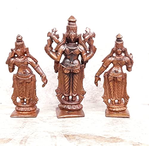 Image of Copper Idols of god Srinivasa Perumal with Sridevi and Bhudevi, 7.3 cm, 200 g, Patina Antique Finish, Pack of 1 Piece