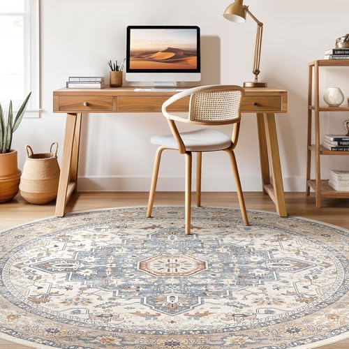 Round Rug Living Room Rugs: 5Ft Washable Boho Neutral Large Circle Soft Indoor Distressed Stain Resistant Floor Farmhouse Carpet for Bedroom Nursery Kids Playroom Office Dining Room Dorm- Beige Blue