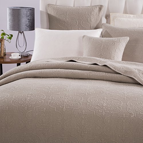 Dada Bedding Neutral Tan Elegant Bedspread Set - 100% Cotton Fabric Floral Sand Dollar Quilted Coverlet - Textured Taupe Pinkish Beige Brown - King - 3-Pieces #TOP1