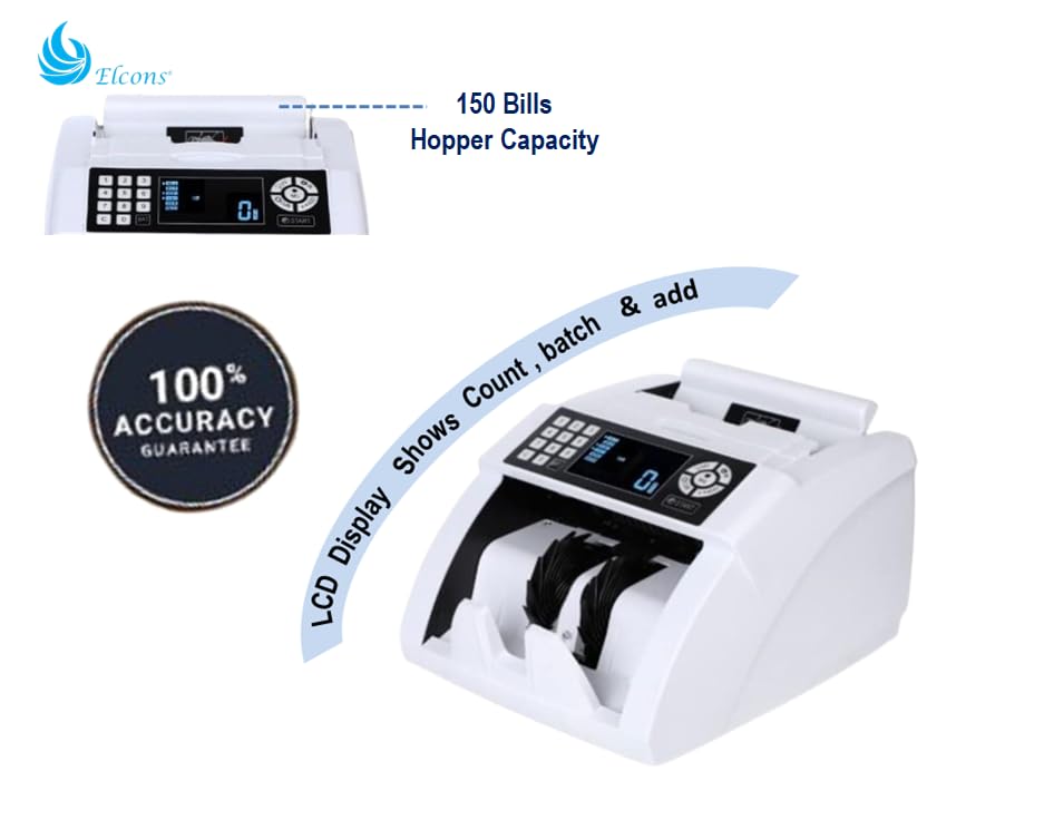 Image of ELCONS Note Counting Machine BANKO-90 | High-Speed Cash Counter 1000 Notes /Min | Fake Note Detection with UV, MG & IR Sensors | Automatic Value Detection | LED Display & Batch Counting (White)
