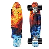 HQL Mini-Skateboards, kleines Fisch-Skateboard, EIS- und Feuer-Style, komplettes 22-Zoll-Cruiser-Retro-Skating-Board im Stil mit blauen und gelben Flammen für Anfänger/Erwachsene/Kinder