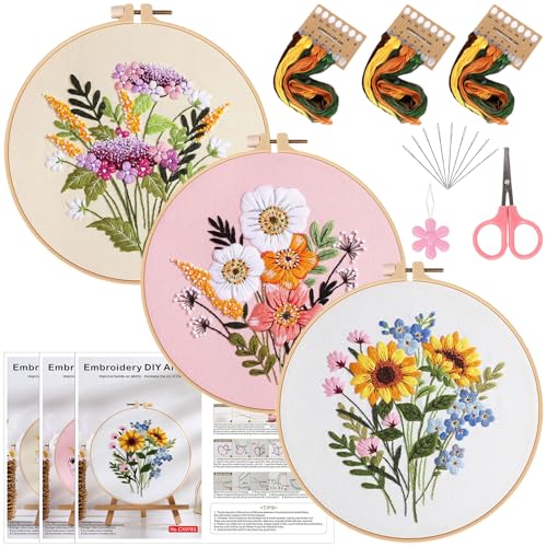 Herdiese Embroidery Kit for Beginners & Adults 3PCS Floral Patterns.