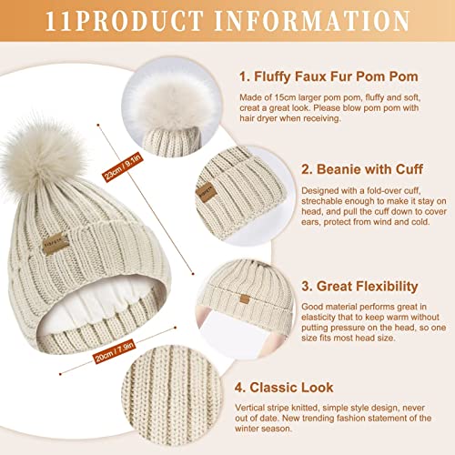Winter Beanie Hat Scarf Gloves Set For Women, Winter Hats For Women Fleece Lined Warm Thermal, Womens Beanie With Pom Pom Long Scarf Neck Warmer Touchscreen Gloves 3 In 1 Cold Weather Set(Oatmeal) #TOP2