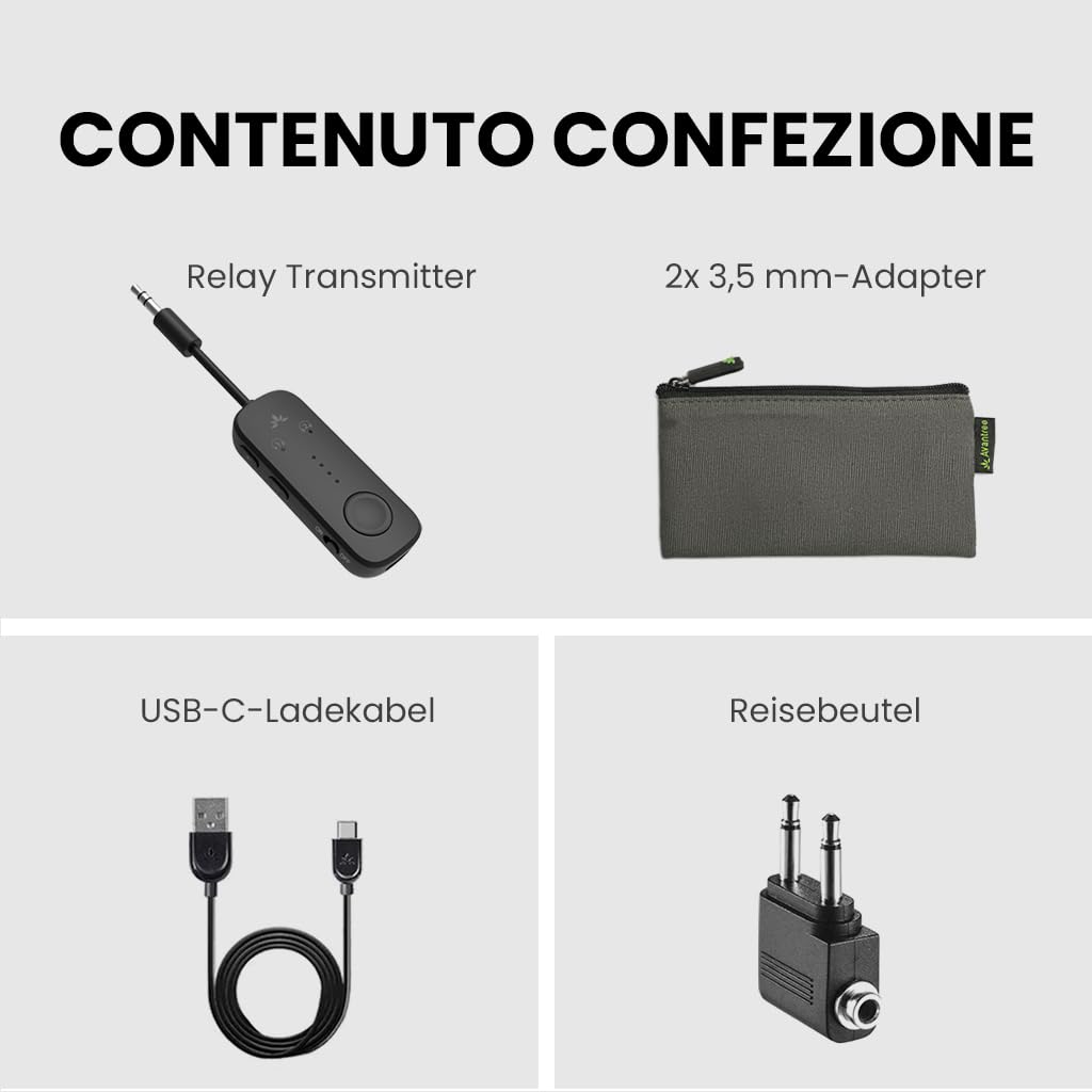 Avantree Relay – Adattatore Bluetooth 5.3 per Aereo con Qualcomm aptX Adaptive, Supporta 2 AirPods o Cuffie, 20h di Autonomia, Trasmettitore Wireless Audio 3,5 Mm AUX per Viaggio, Volo, Palestra
