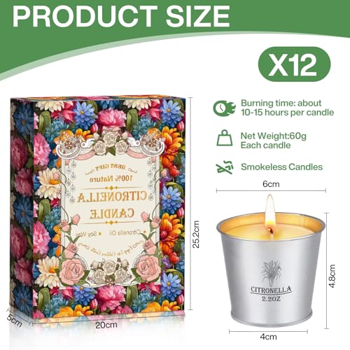 ZPQAODI Citronella Kerzen Outdoor, 12 x 2,2 oz, Kerzengeschenkset, Outdoor Kerzen mit Natürliche Sojawachs Zitronella Kerze, Kerzen Set für Garten, Hof, Party, Camping, Grillen, Balkon