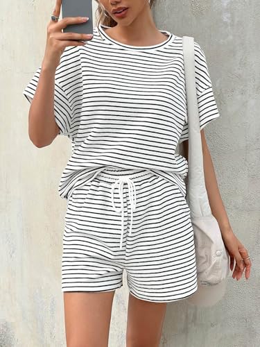 Image of Tankaneo Womens Pajama Sets Striped 2 Piece Lounge Sets Short Sleeve Oversized T Shirts Drawstring Shorts Matching Set