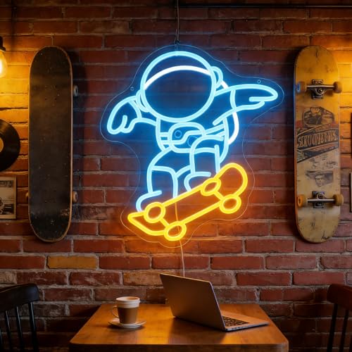 Image of inchAstronaut Skateboarding inch Space Adventure Light - Cool & Gravity-Defying LED Wall Art for Game Room, Dorm, Bedroom Decor, Dimmable USB, Awesome Gift for Sci-Fi Fans & Adventurers