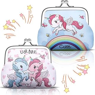 2 Pieces Unicorn Coin Purses, Faux Leather Coin Bags Portable Jewelry Pouch with Kiss-Lock Closure Cute Unicorn Rainbow Goodie Bag for Girls Kids Birthday Party Favors