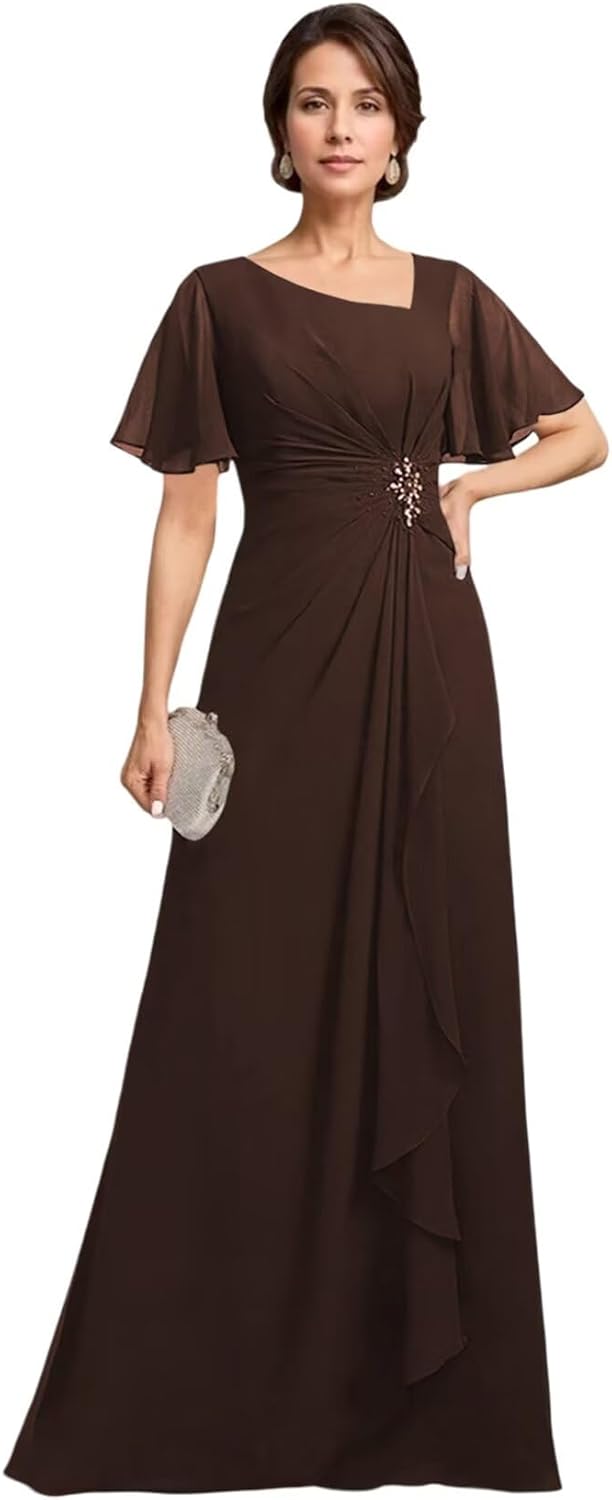 Monvelli Asymmetrical Neck Beading Mother of The Bride Dresses Long Ruffle Chiffon Formal Evening Gowns with Pockets