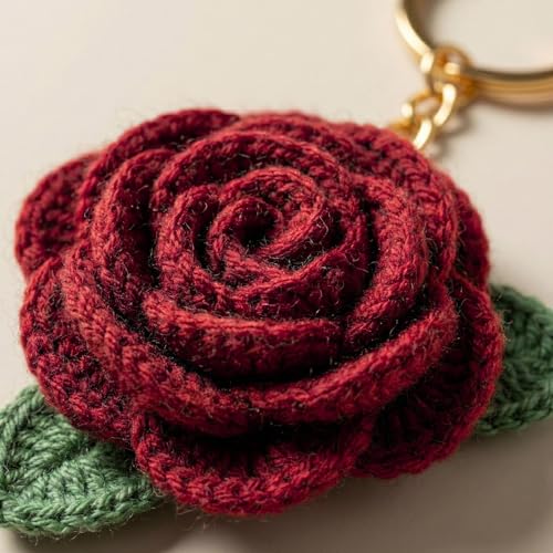 Image of Handmade Crochet Rose Flower Keychain for Women & Girls, Cute Red Flower Key Ring, Soft Yarn Knitted Charm, Romantic Gift, Bag Accessory, Car Key Holder, Aesthetic Handmade Gift