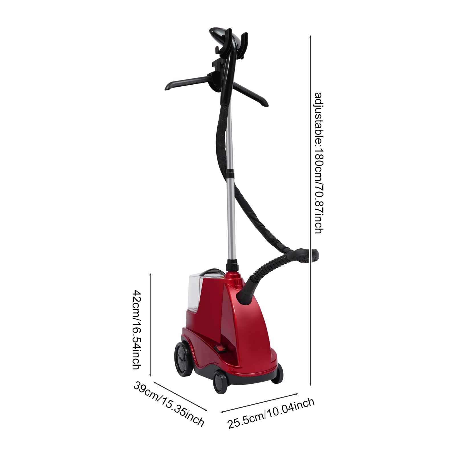 Plancha de vapor vertical de 2500 W (70 g/min), depósito de agua de 3 litros y altura ajustable (0,8 – 1,8 m), cepillo de vapor de 3 niveles con tiempo de calentamiento de 50 segundos, vapor rojo