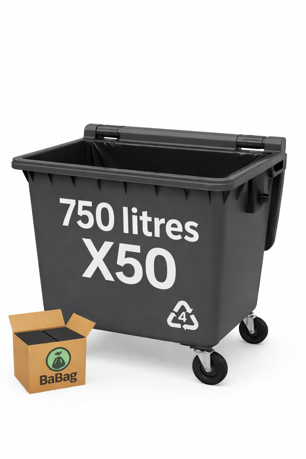 BaBag | Sac Poubelle 750L x 50 | Epaisseur 30 Microns | Certifié RSGP | Déchet Lourd & Coupant | Plastique 100% Recyclé | Étanche & Anti-Odeur | Housse Protection Conteneur 750 Litres | 50 Sacs
