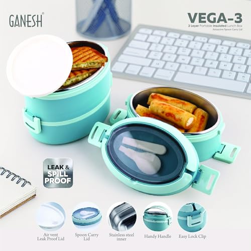 Image of Ganesh 3 Compartment Vega Insulated Food Container with Attractive Spoon - Airtight Leak-Proof Lunch Box for Office, School, Picnic 1200ml - Peach