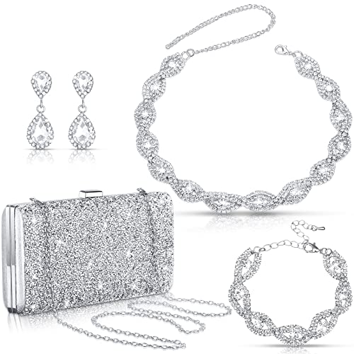 Tiamon 4 Pcs Women Rhinestone Jewelry Set Silver Accessories for Evening Wedding Party Christmas Gift