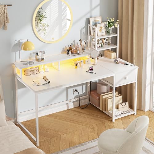 Image of EnHomee 44 inch Small White Gaming Desk with Hutch & Shelves for Teen Gamer | Dual Monitor Stand for Posture, Built-in Power Strip, Music-sync RGB Lights, Sturdy Steel Frame, Fabric Drawer, Easy Assembly