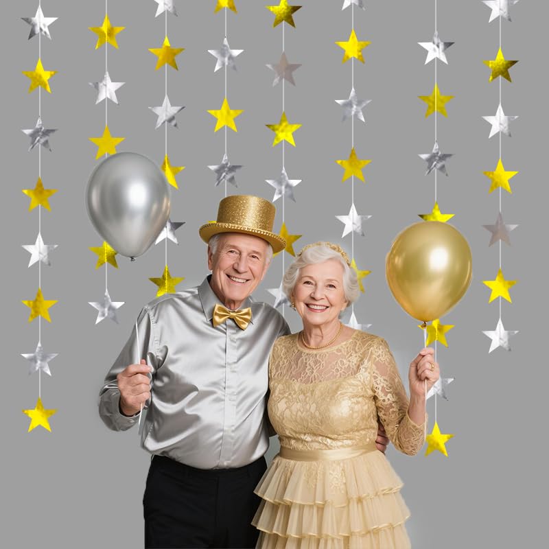 Image of Gold Silver Shining Star Hanging Garland Gold and Silver Hanging Sparkling Star Streamer Glitter Bunting Banner Twinkle Backdrop for Wedding Baby Shower Birthday Christmas Decorations 40 Feet
