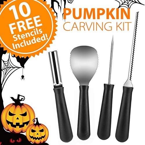 Newbea 4 Pieces Stainless Steel Pumpkin Carving Kit, Professional Pumpkin Shaving Tools Kit with 10 Halloween Carving Pattern Stencils