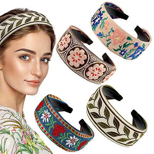 EBOOT 4 Pieces Boho Headband Handmade Embroidery Bohemia Floral Wide Headbands Vintage Ethnic Style Hair Band for Women Girls Hair Accessories (Delicate Pattern)