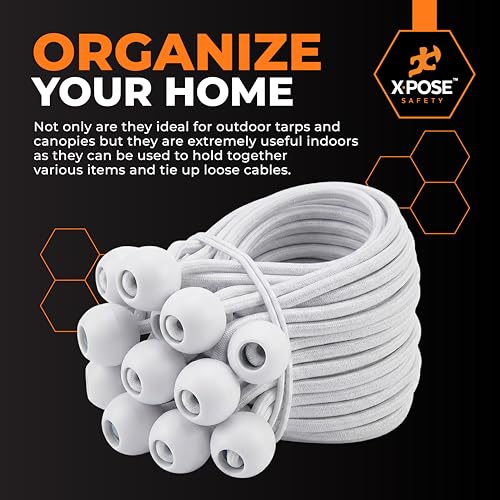 Image of Xpose Safety Bungee Ball Cords 9 inch 100 Pack Heavy Duty White Stretch Rope with Ball Ties for Canopies, Tarps, Walls, Cable Organization