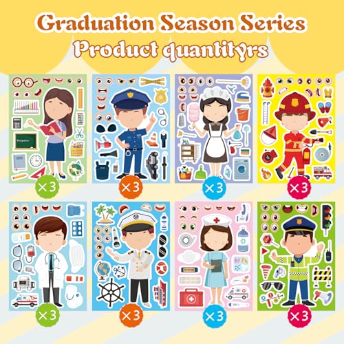 Image of Educational Stickers, Make Your Own Occupation Post Stickers for Boys Girls | Make Your Own Stickers with 8 Designs of Firefighter Doctor Policeman Teacher Sticker, Birthday Gift Craft Party Favor