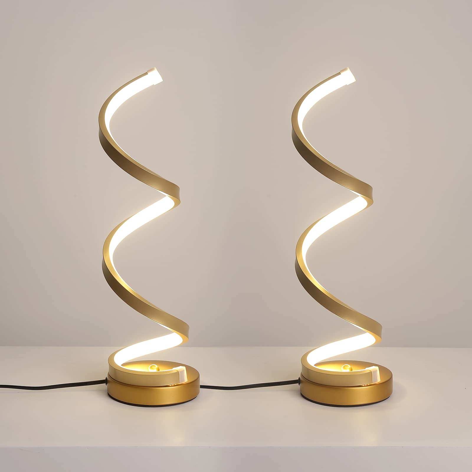 2 Pezzi Lampada da Comodino a Spirale LED Lampade da Tavolo Moderno Oro 16W 4500K Luce Naturale Protezione Degli Occhi Lampada da Scrivania Curvo Per Camera da Letto Soggiorno Spina UE 220V
