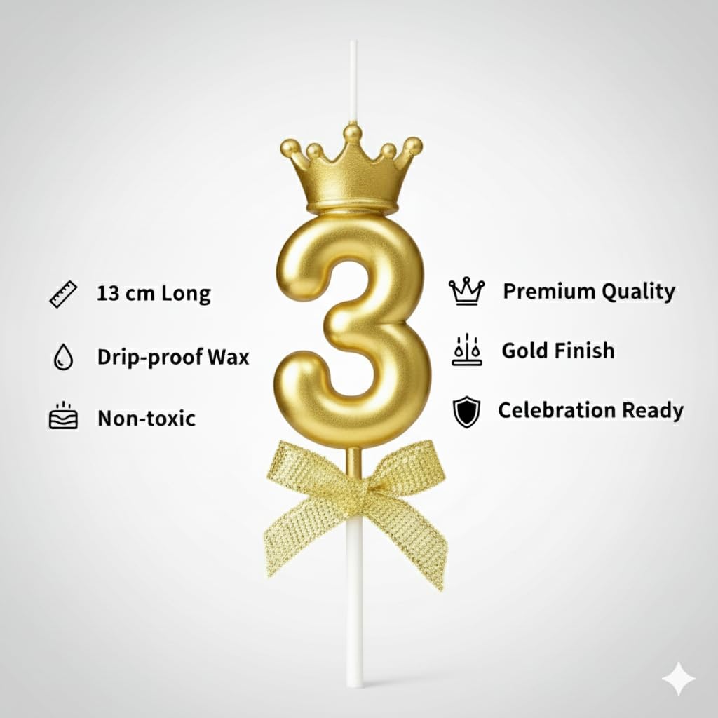 Gold Crown Birthday Candle - 3D Number 3 Cake Topper -9