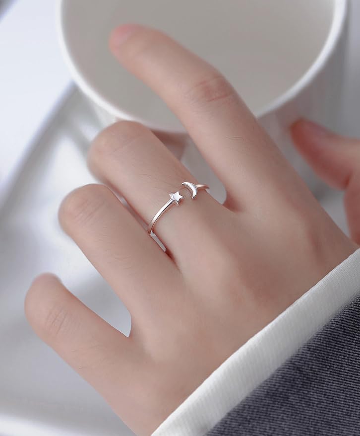 Todenb Moon Star Open Ring，Silver Adjustable knuckle Finger Pinky Ring Engagement Tiny Open Tail Rings Dainty Adjustable Finger Rings for Wedding Prom Brides Jewelry4