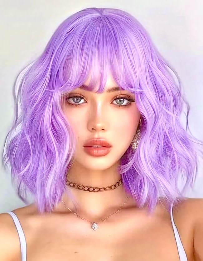 Purple Wigs with Bangs for Women 14inch Wavy Bob Wig With Bangs Curly Shoulder Length Bob Synthetic Wigs Colorful Wavy Wig for Cosplay Daily Party Use Halloween Wigs