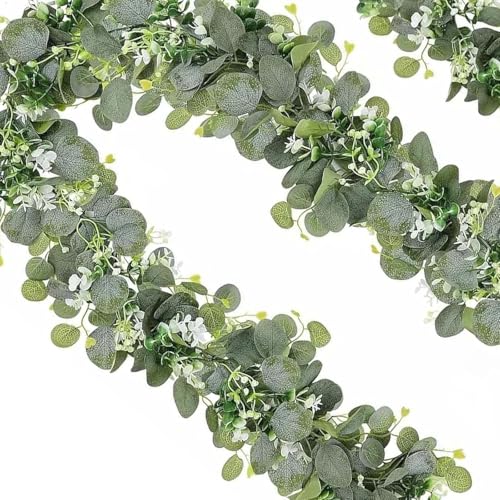 TeJoyce 2本入り フェイクグリーン 人工観葉植物 自然感 防水 グリーンガーランド 180cm 造花藤 葉物 切り分け可能 室内 インテリア 吊り ベランダ 目隠し 壁掛け デコレーション 店舗 玄関ベランダ 母の日 結婚祝い 卒業祝い 飾り用 撮影用 DIY 雑貨 置物 eukalyptus girlande