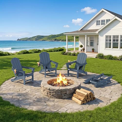 Mdeam Oversized 3-Level Adjustable Adirondack Chairs Set of 4, 400LBS Capacity HDPE Heavy Duty Tanning Chair with Cup Holder, All-Weather Folding Fire Pit Outdoor Chair for Patio Garden - Navy Blue