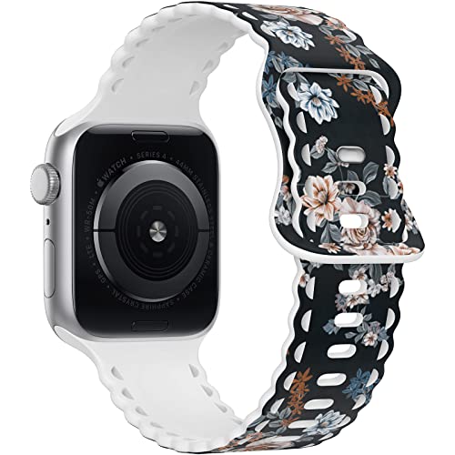 Image of Compatible with Apple Watch Band 41mm 40mm 38mm 49mm 45mm 44mm 42mm Women Girl, Rose Floral Print Lace Hollow-out Soft Silicone Sport Bands For iWatch Ultra SE Series 10 9 8 7 6 5 4 3 2, RoB-42