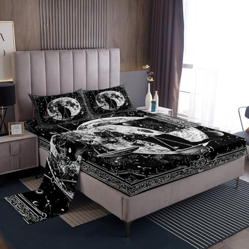 Feelyou Boho Cat Bed Sheets Set Boho Exotic Sheet Set Sun Moon Sheets with Deep Pocket Fitted Sheet for Women Men Room Decor Astrology Space Cosmic Celestial Bed Set Queen Size with 2 Pillow Case
