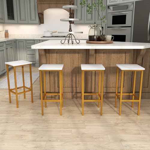 Image of COSTWAY Industrial Bar Stools Set of 4, Backless Square Breakfast Bar Chairs with Metal Frame and Footrest, Counter Height Stools for Kitchen Island Dining Room Living Room (White, 26 inch)