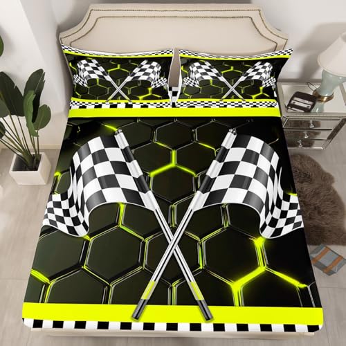 Erosebridal Racing Flag Fitted Sheet Queen Size,Boys Race Car Bed for Kids Teens,Yellow Glowing Neon Lights Honeycomb Bed Sheets,Black and White 3D Flag Grid Checkered Sheets Geometry Decor
