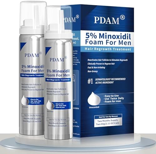 5% Minoxidil for Men Foam Hair Growth - Minoxidil Foam Hair Regrowth Treatment for Men, Topical Hair Loss Treatments, Extra Strength Thicker & Fuller Hair, 2 x 2.11 oz for 2 Months