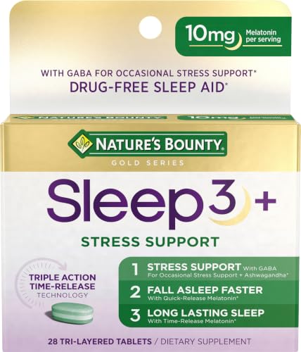 Natures Bounty Stress Support Plus Melatonin Sleep3 Maximum Strength 100% Drug Free Sleep Aid Dietary Supplement with Ashwagandha Time Release Technology 10mg 56 Tri-Layered Tablets