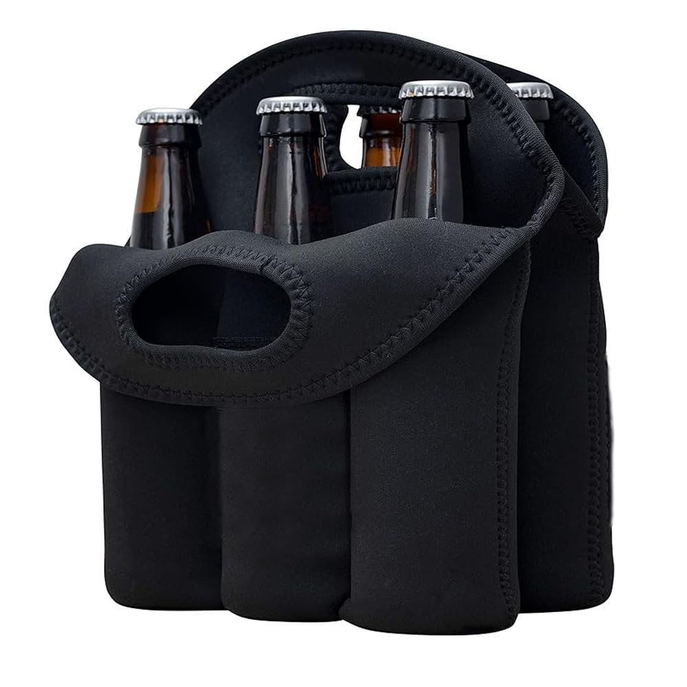 Hosoncovy 6 Bottles Elastic Beer Bottle Carrying Bag Insulated Neoprene Carrier Tote Carry Case Bag for Beer Baby Bottle Cans Drinks (Black)