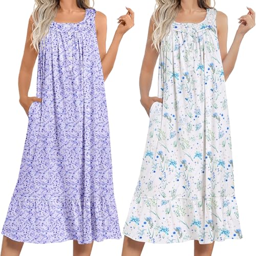 Image of Ekouaer 2 Pack Nightgowns for Women Sleeveless Long Night Gowns Victorian Nightdress with Pockets Soft Ladies Gown