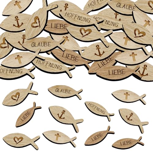 Holzfische Kommunion 100 Stück Kommunion Deko Tischdeko Holz Taufe Konfirmation Junge Streudeko Fische Mädchen für Firmung Holzfischset aus Taufdeko zur Holzfischdekoration