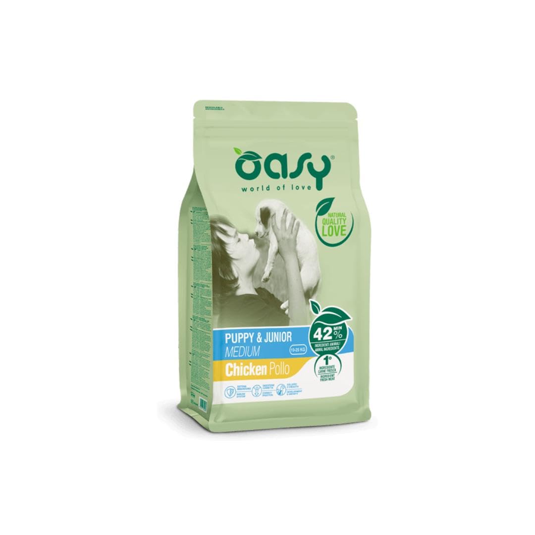 Oasy Puppy Cane Medium Pollo 10kg, alimento completo per cani cuccioli di taglia media gusto Pollo,10kg.