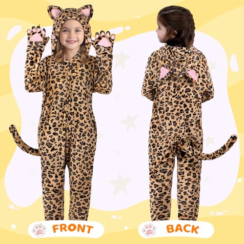 GIFTINBOX Cheetah Costume Kids, Zip-Up Hooded Onesie Cheetah Girls Costume, Cat Costume for Girls Dr
