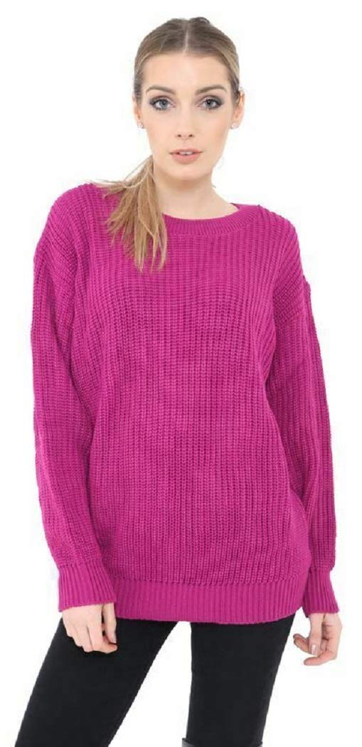Crazy Girls Girls Cerise Crazy Womens Ladies Baggy Long Sleeve Knitted Plain Chunky Top Sweater Jumper S-Xl (2Xl, )