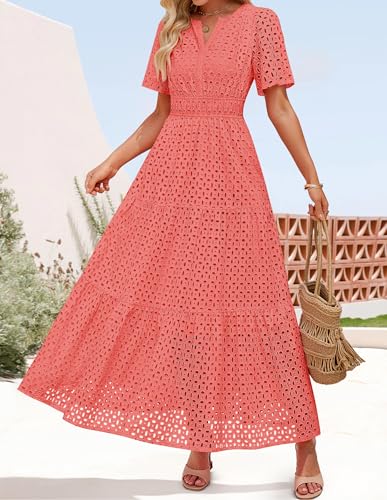 Image of ZESICA Women's 2026 Summer Short Sleeve Maxi Dress Casual V Neck Hollow Out Eyelet Ruffle Swing A Line Long Dresses
