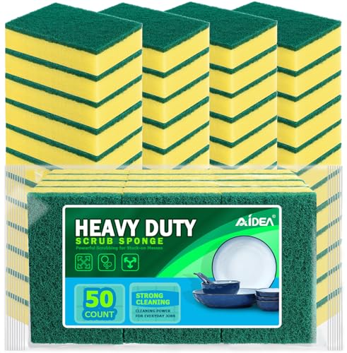 Image of AIDEA Sponges Kitchen, 50 Pack Heavy Duty Dish Sponge, Cleaning Dish Scrubber Sponge for Home and Kitchen, Stink-Free Cleaning Supplies for Pots, Pans