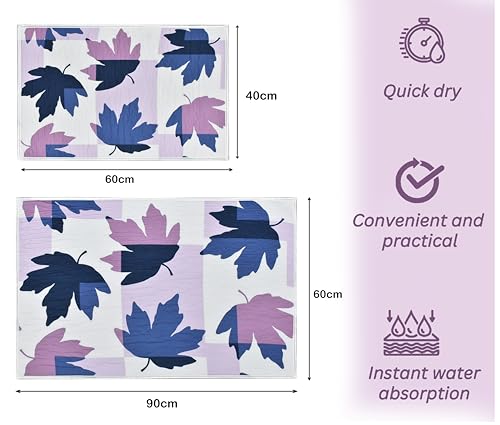Image of Digital Printed Bathmat Set of 2 | Anti-Skid Mess Backing | Large & Small Combo | Water Absorbent, Quick Dry, Soft Floor Mat for Bathroom & Home Color - Floral Printed Lavender Blue White