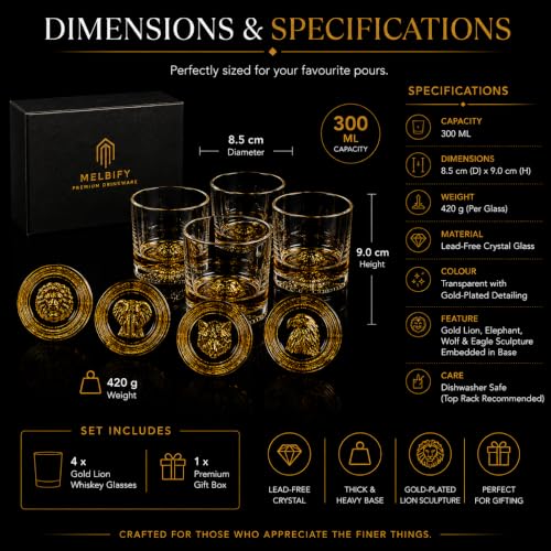Image of Melbify Gold Animal Combo Whiskey Glass Gift Set | 4 ps Set | 300 ML | Ultra-Premium | Gold-Bottomed | Imported | Luxurious | Ideal for Wedding Gifts, Anniversary, VIP and Corporate Gifts