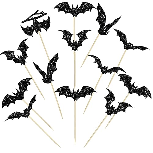 Gyufise 24Pcs Black Glitter Bat Cupcake Toppers for Halloween Theme Baby Shower, Kids Birthday Party Cake Decorations Supplies
