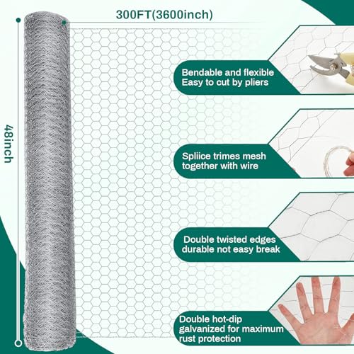 Image of GlikCeil 48 in x 300 ft Chicken Wire Mesh Fencing for Floral Garden, 23 Gauge Silver Galvanized Steel Wire, 1 Inch Hexagonal Hardware Cloth Netting for Farm Crafts Poultry Coop Barrier Rabbit Cage